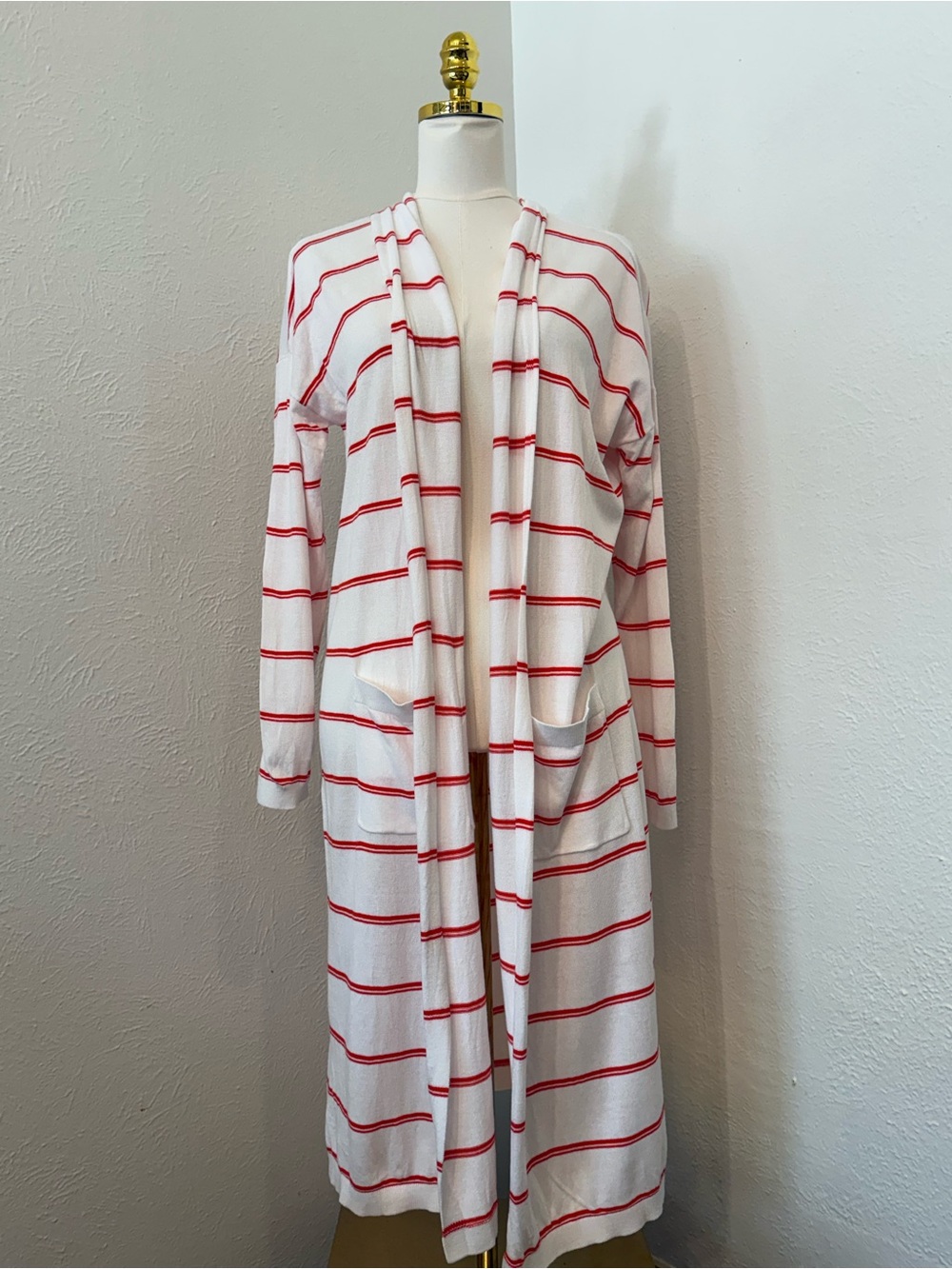 CAbi Long Open-Front Striped Cardigan - White & Red